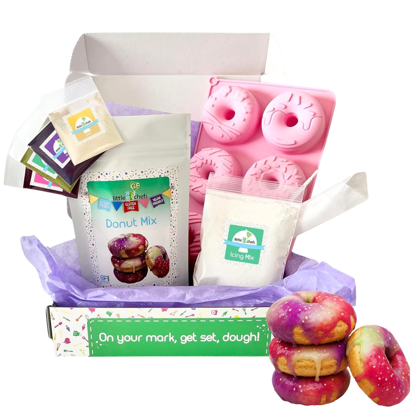 Little GF Chefs DIY Einhorn Donut Backset für Kinder | Glutenfreie Regenbogen-Wirbelglasur Backzubehör Geschenkset mit Zuckergussmischung, Zutaten, Schritt-für-Schritt-Anleitung (evtl. nicht in