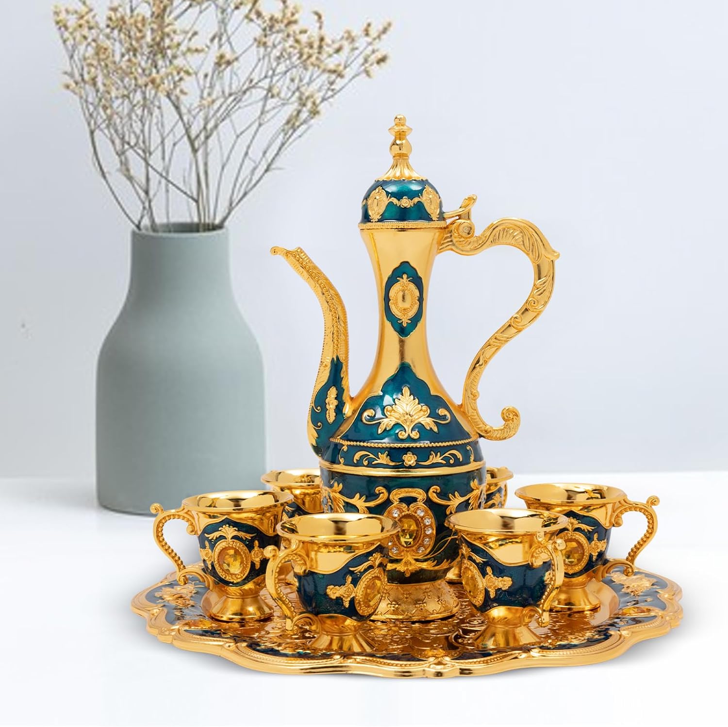Tea Service Set, Tea Pot Set, Turkish Tea Pot with 6 Cups Set, Vintage Turkish Coffee Set, for Tea Table Decor, Vintage Tea Set, for Living Room, Dining Room, Bedroom, Coffee Shop (Blue)