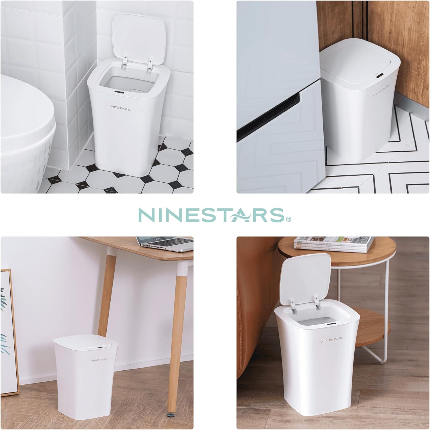 Ninestars Rounded Square Water-Resistant Motion Sensor Trash Can, 2.6 Gallon (Compact, White)