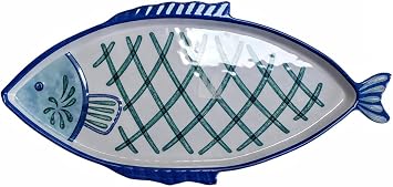 Melamine Plastic Fish Serving Platter Tray Dish 15 inches by 7 inches, White Blue Green