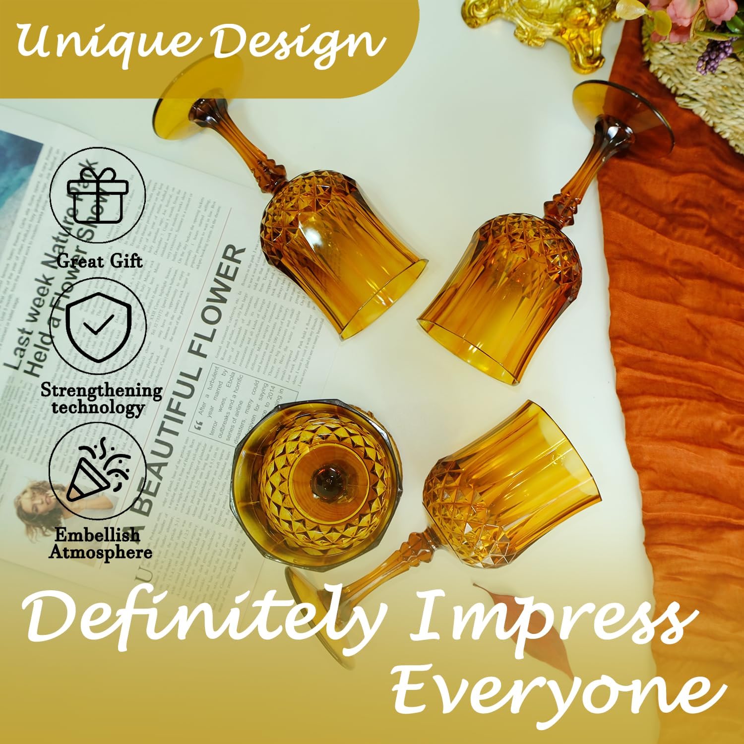 Plastic Wine Glasses, Plastic Goblets Vintage Style Cordial Drinking Glasses for Valentine’s Day, Wedding Reception, Grand Event Party Supplies (24, Amber) - Image 6