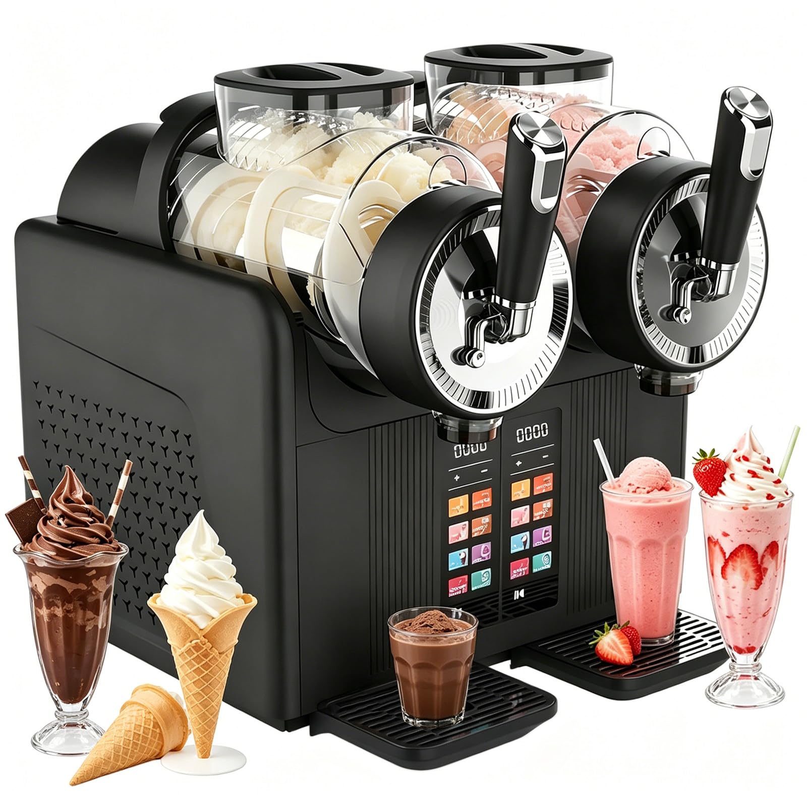 Máquina De Helado Soft Y Granizados, Granizadora Maquina con Doble Depósito De 2L, 6 Programas, Autolimpieza, para Casa, Cafetería, Bar, Oficina, Zumos, Granizado De Café Y Batidos Black