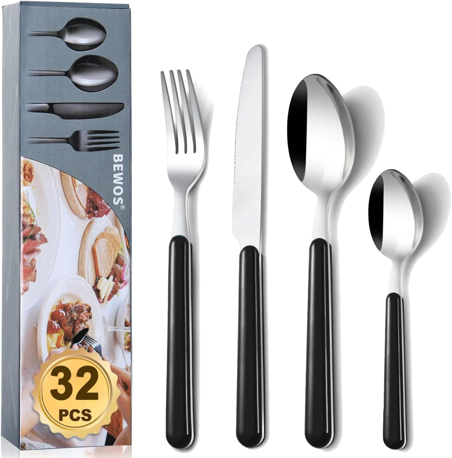 BEWOS 32 Piece Cutlery Set, Service for 8, Kitchen Cutlery Sets,Black Forks Knives and Spoons Set, Stainless Steel Flatware Serving Set for Home, Party