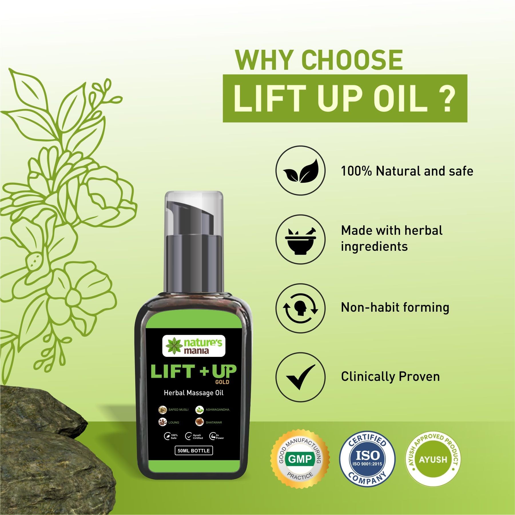 Nature's Mania Premium Lift Up Herbal Massage Oil with Ashwagandha, Safed Musli, Shatavari, Laung Extract, 50ml — Amazon image 4