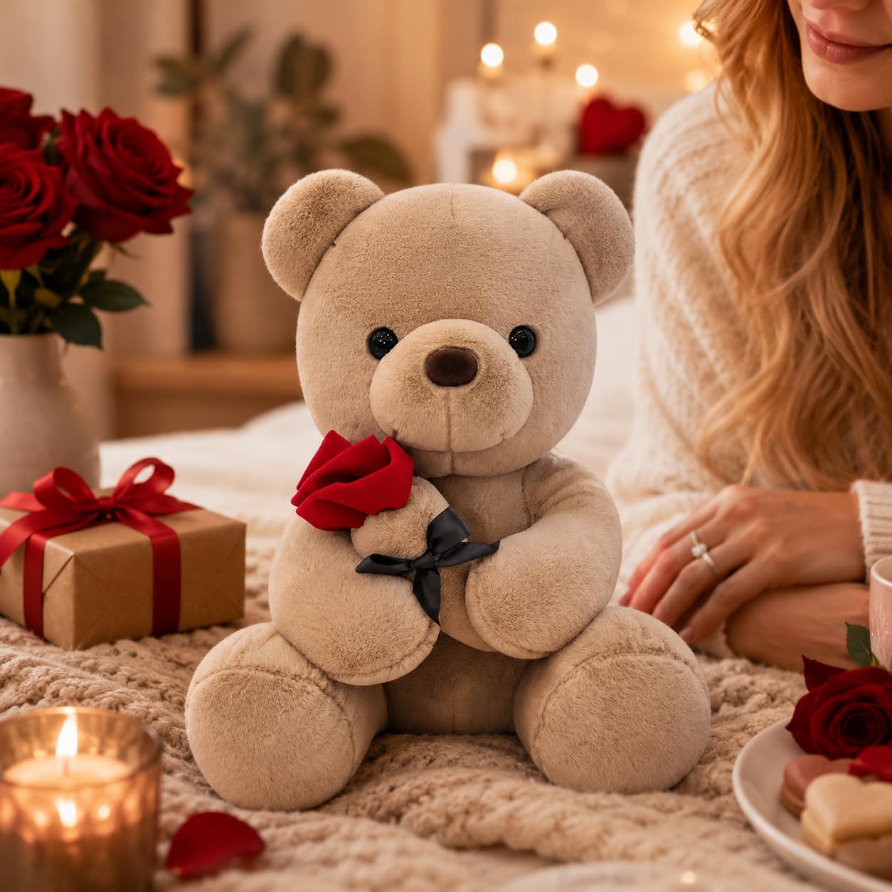 Oso de peluche con rosa, dulce peluche como regalo para niños, niñas, cumpleaños, Navidad, día de San Valentín (23 cm, marrón)