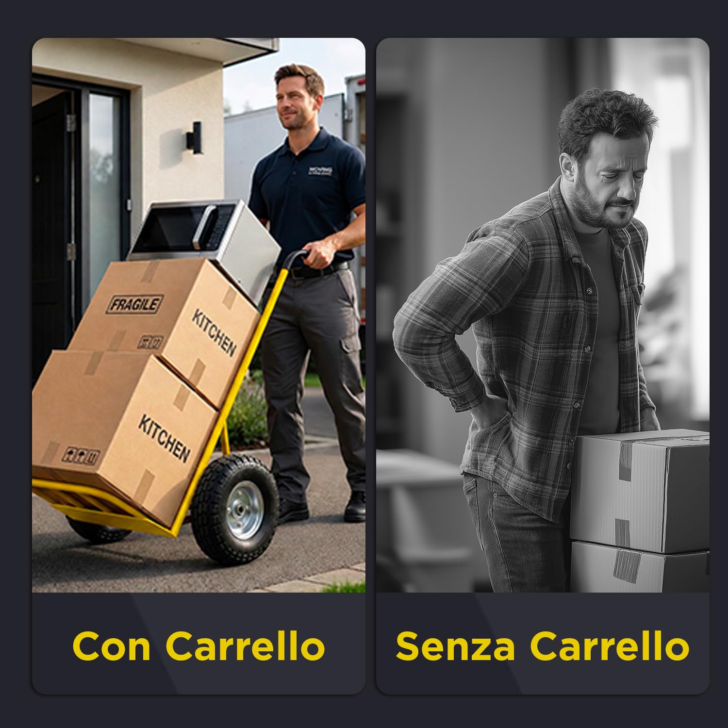 Carrello con Ruote Portatutto Professionale – 2 Ruote Pneumatiche Camera d'Aria, 250 kg, Metallo | Carrello Portapacchi con Manico Ergonomico per Scale, Fango, Cantiere e Traslochi (Giallo)