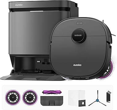 Eureka J15 Pro Ultra Robot Vacuum and Mop with Self Emptying Base, 16,200 Pa Suction, Flex-Arm Design Mop, Auto Mop Hot Water Washing & Hot Air Drying, Anti-Tangle, AI Obstacle Avoidance, Black