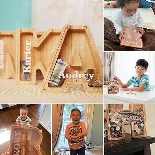 Miniatura 8 de Alcancía de madera, letras personalizadas, banco de dinero para niños, caja de dinero grabada con texto, alcancía de madera, regalo para niños,
