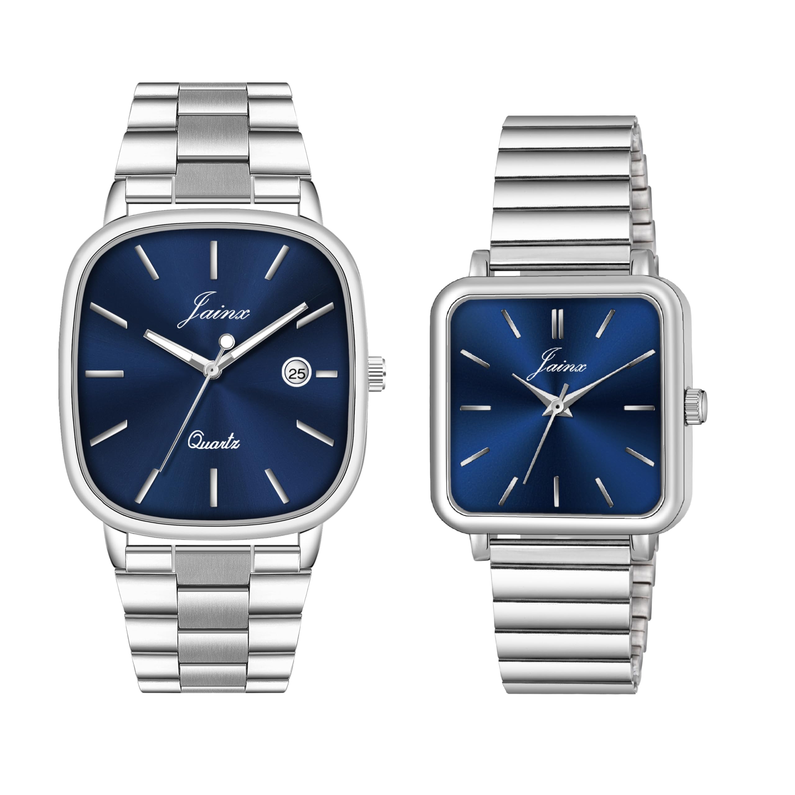 Square Shape Steel Chain Gift Set Analog Wrist Watch for Couple-image-38