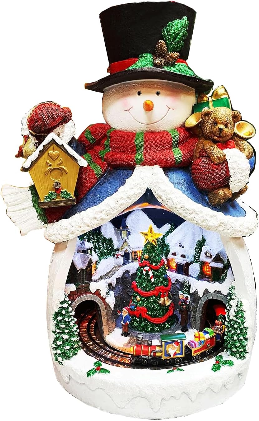 MOMENTS IN TIME Snowman with Animated Christmas Village Scene LED Lighted Musical Holiday Decoration with Moving Train Adapter Included 18.7” Tall Festive Home Decoration