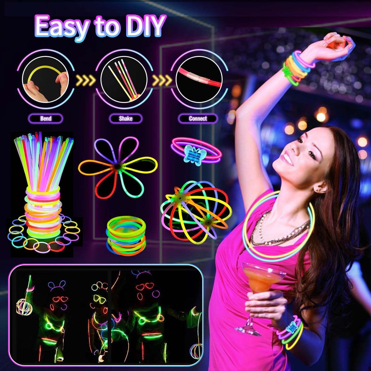 JOJUJB 250PCS Glow in the Dark Party Supplies for Kids Adults,Light Up Party Favors with Light Up Toy Glasses,100 Glow Sticks Bulk Party Pack DIY Glow Necklaces,Bracelets hora loca accessories - Image 3