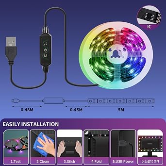 5M TV LED Backlight, RGB LED Strip Lights with IC, RF Remote & APP Control [Energy Class E]