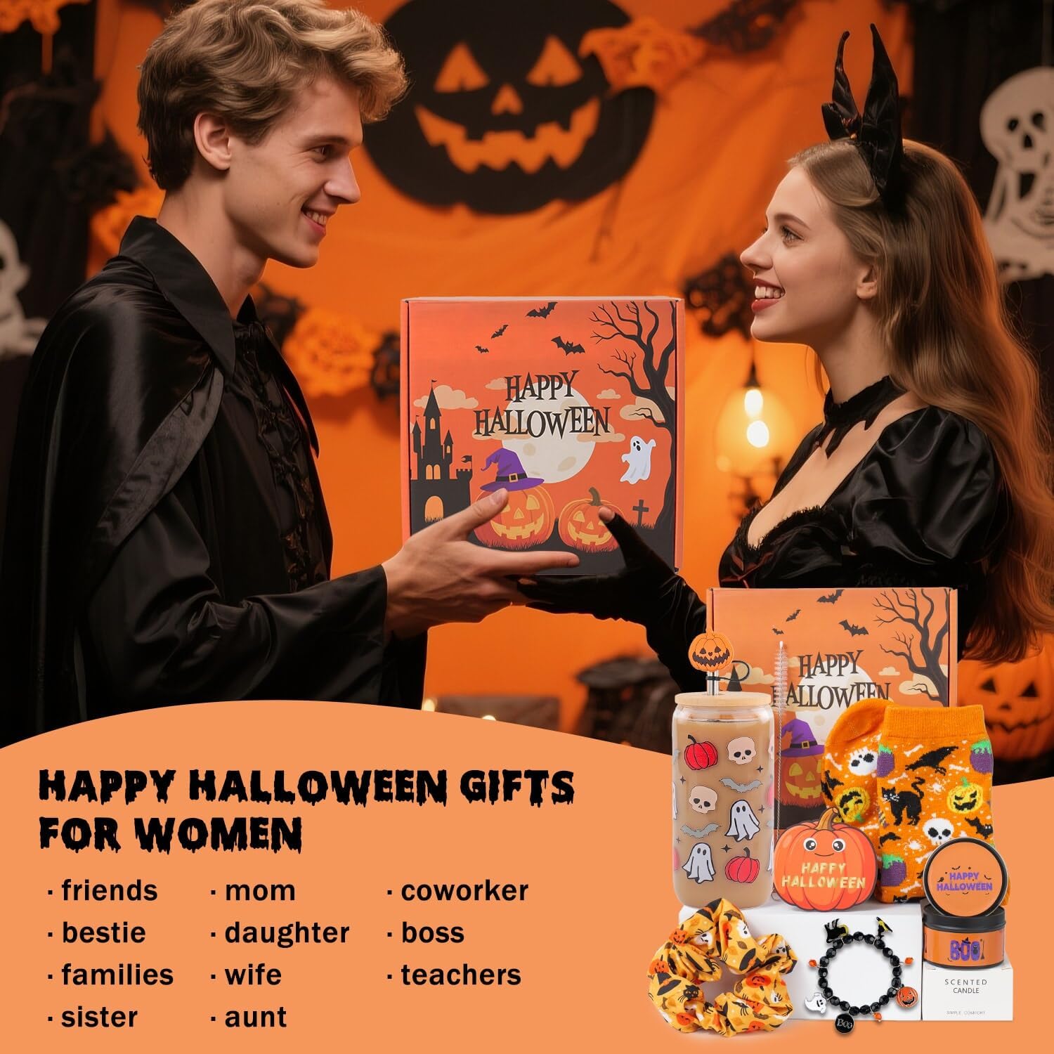 Ithmahco 2025 Boo Basket Stuffers For Women, Teens, Girl, Halloween Baskets, Spooky Gifts, Boo Box For Her, Teacher, Halloween Party Decorations For Adults, Themed Gifts, Bat Pumpkin Baskets