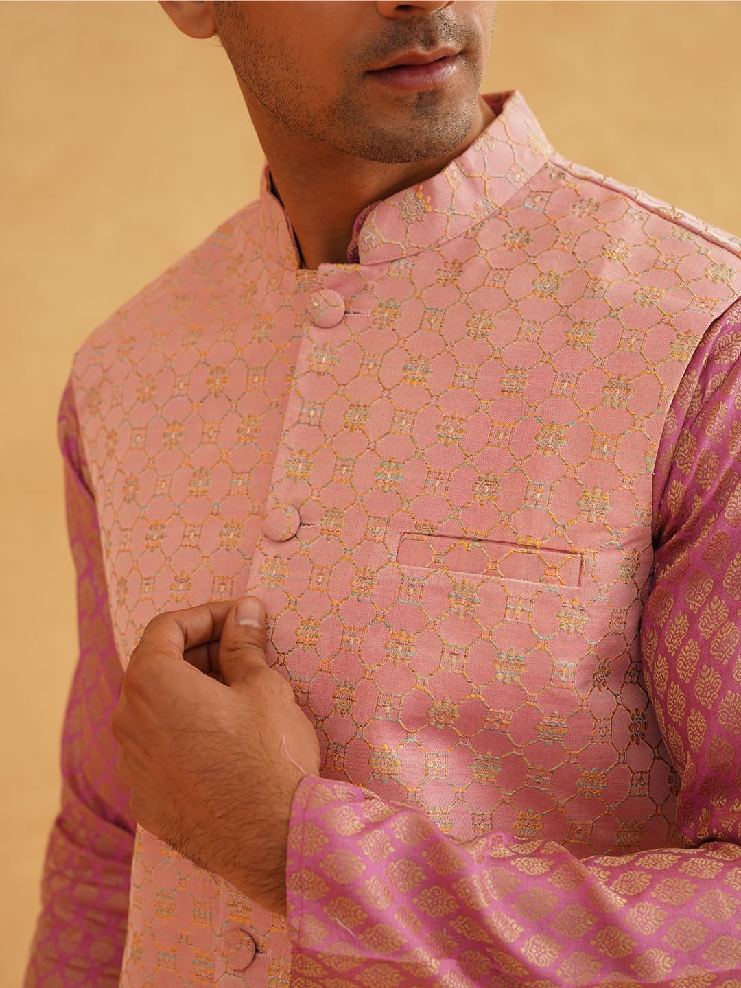 Sojanya (Since 1958 Men'S Pink Woven Design Silk Blend Kurta With Pyjama & Pink Nehru Jacket - Image 5