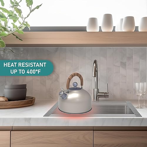 Miniatura 8 de Escurridor enrollable de acero inoxidable (18.5 x 13.4 x 0.4 pulgadas), incluye protector de grifo y dos esponjas, estante de secado de fregadero