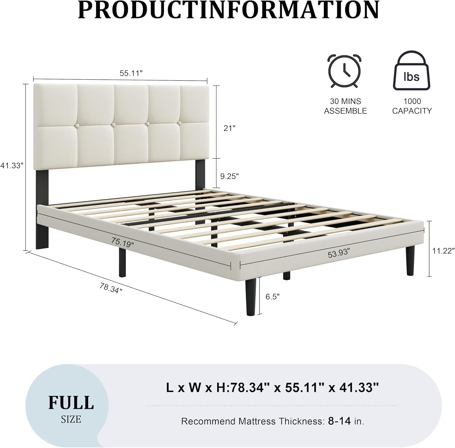Full Size Bed Frame with Headboard – Full Bed Frame, Strong Wooden Slats, Noise-Free, Easy Assembly, No Box Spring Required (Beige, Full)