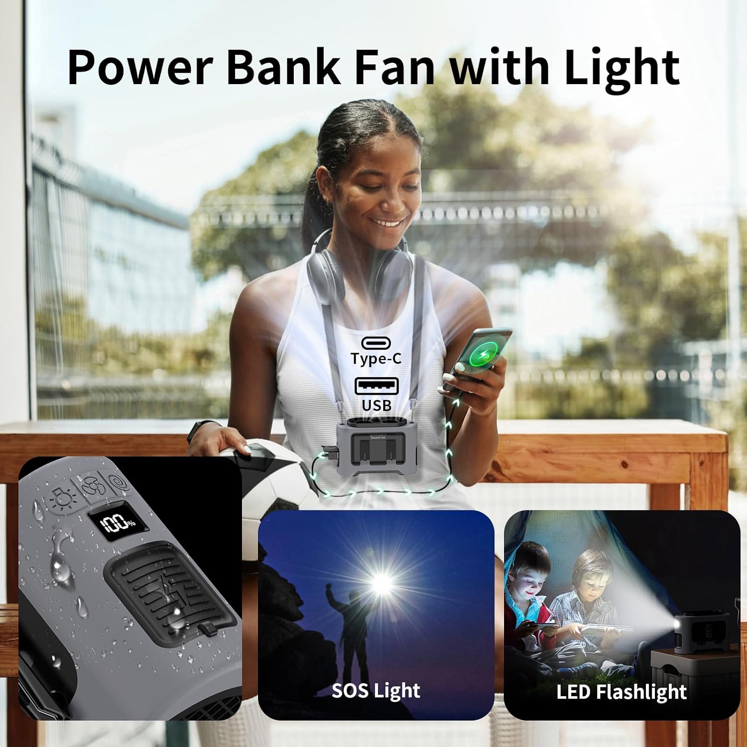 Socool 14500mAh Portable Waist Fan Clip On Wearable Belt Fan with 5 Speeds & Flashlight Hanging Neck Personal Fans 40 Hrs Long Lasting Cooling For Travel Outdoor Working