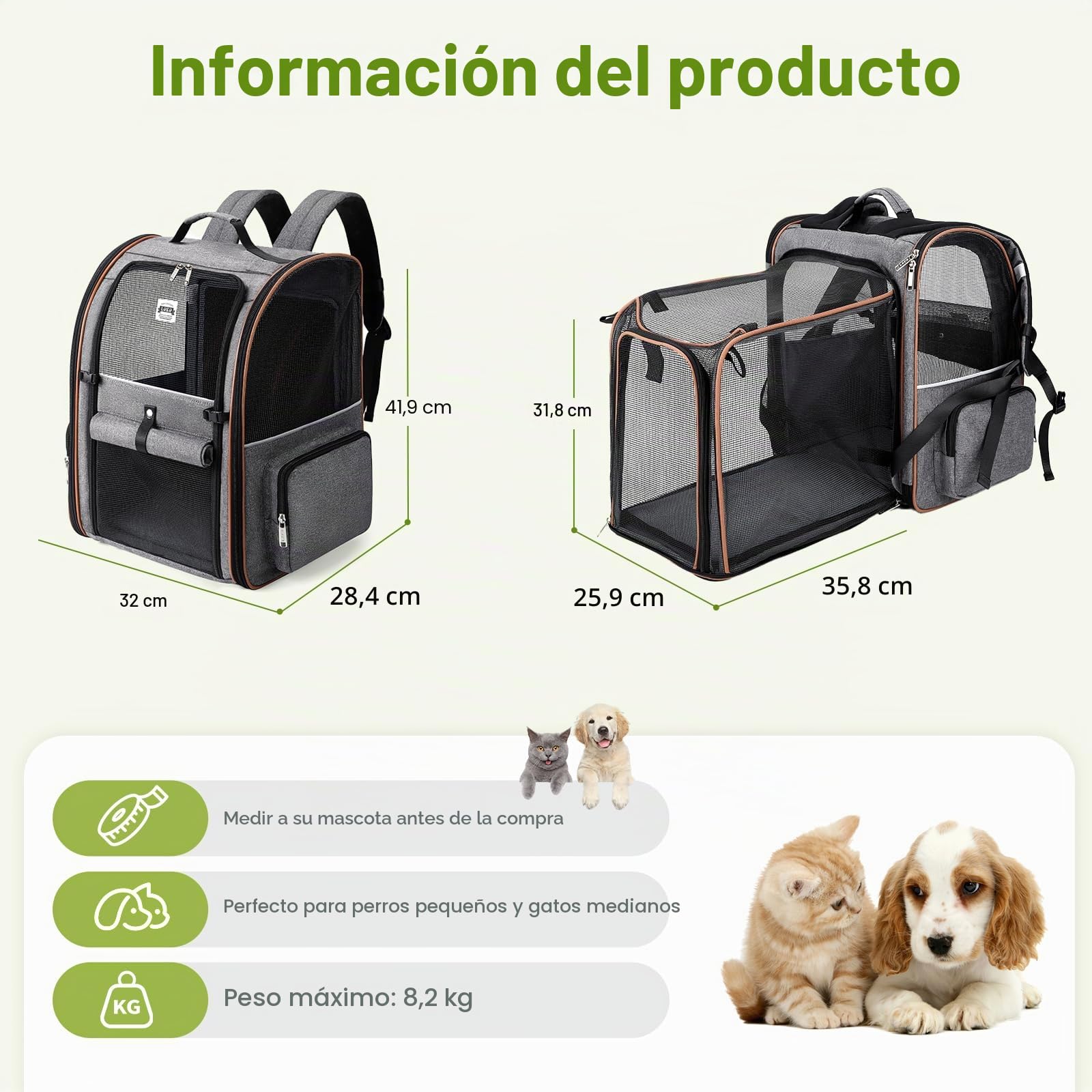 Transportín Grande para Gatos y Perros pequeños, expandible, Gatos medianos, Capacidad para hasta 8,1 kg, Mochila para Perros, Mochila Plegable para Cachorros, para Viajes, Senderismo, Gris