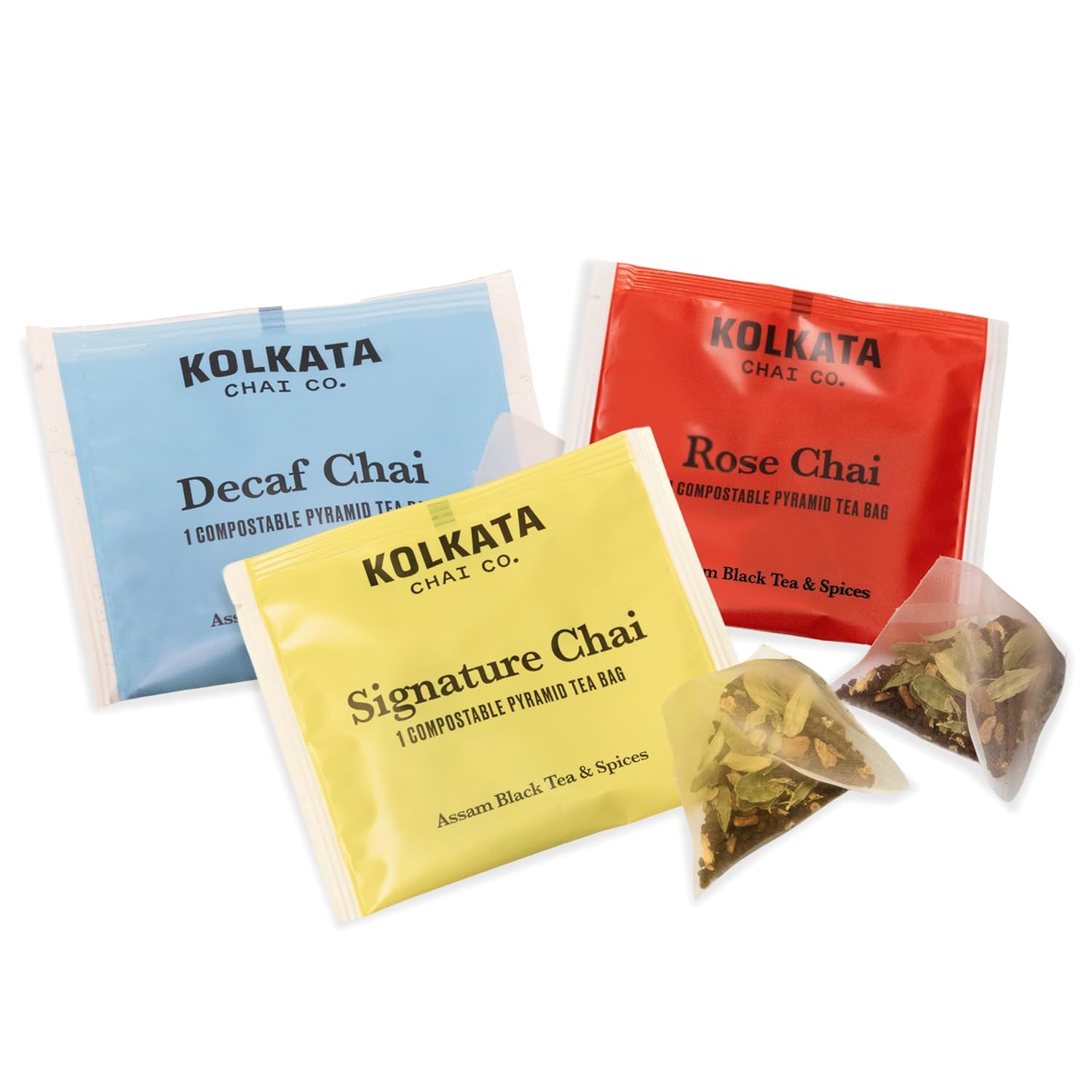 Kolkata Chai - Signature, Rose and Decaf Chai Tea Bag Variety Pack, 45 Count, Premium Assam Black Tea and Spices, Compostable Tea Bags, Vegan, All Natural