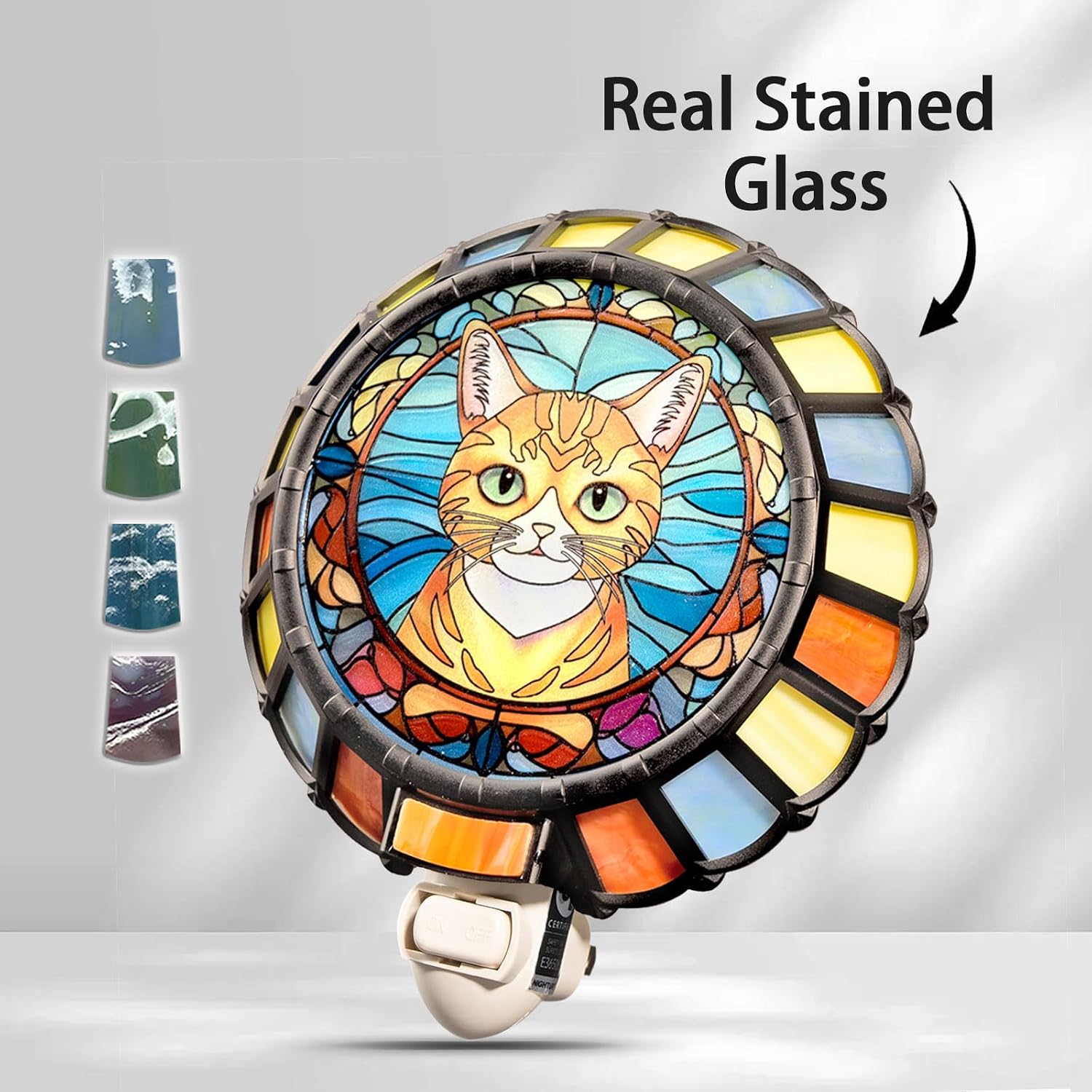 Mosaic Stained Glass Night Light, Cat, Made with Real Mosaic Glass Pieces, Plug-in with On/Off Switch, Gift for Cat Owner