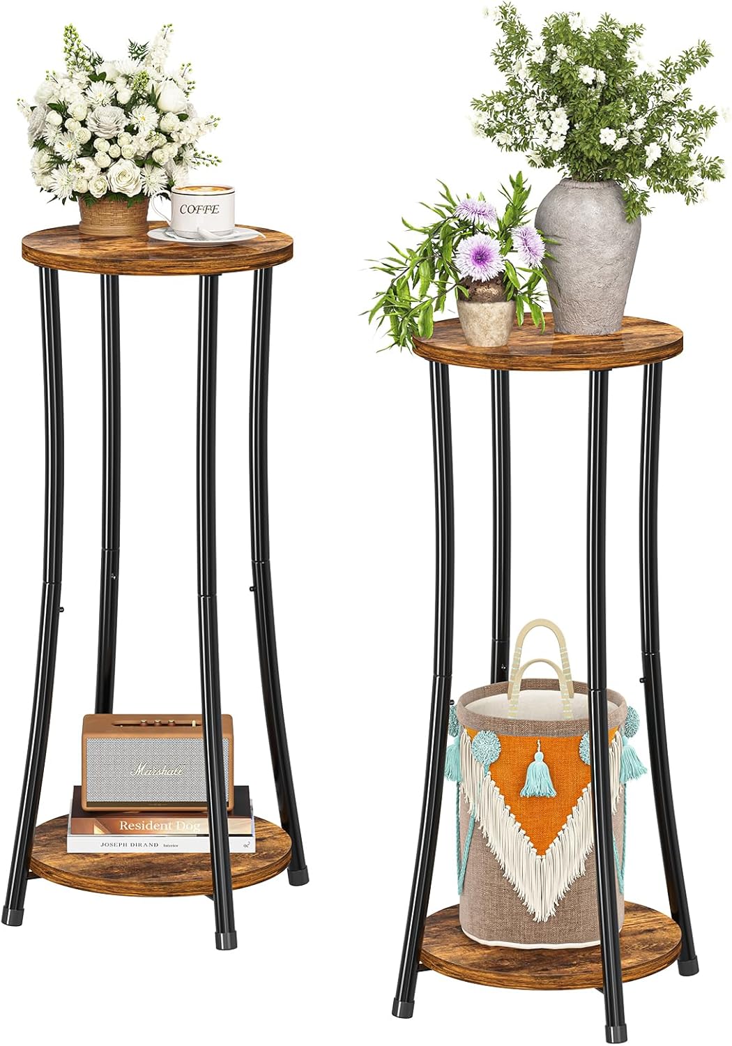 Ekisemio 2-Pack Plant Stand Indoor Outdoor, 2-Tier Round Flower Pot Holder with Rustic Brown Finish, Corner Plant Shelf for Balcony, Garden, Patio or Living Room
