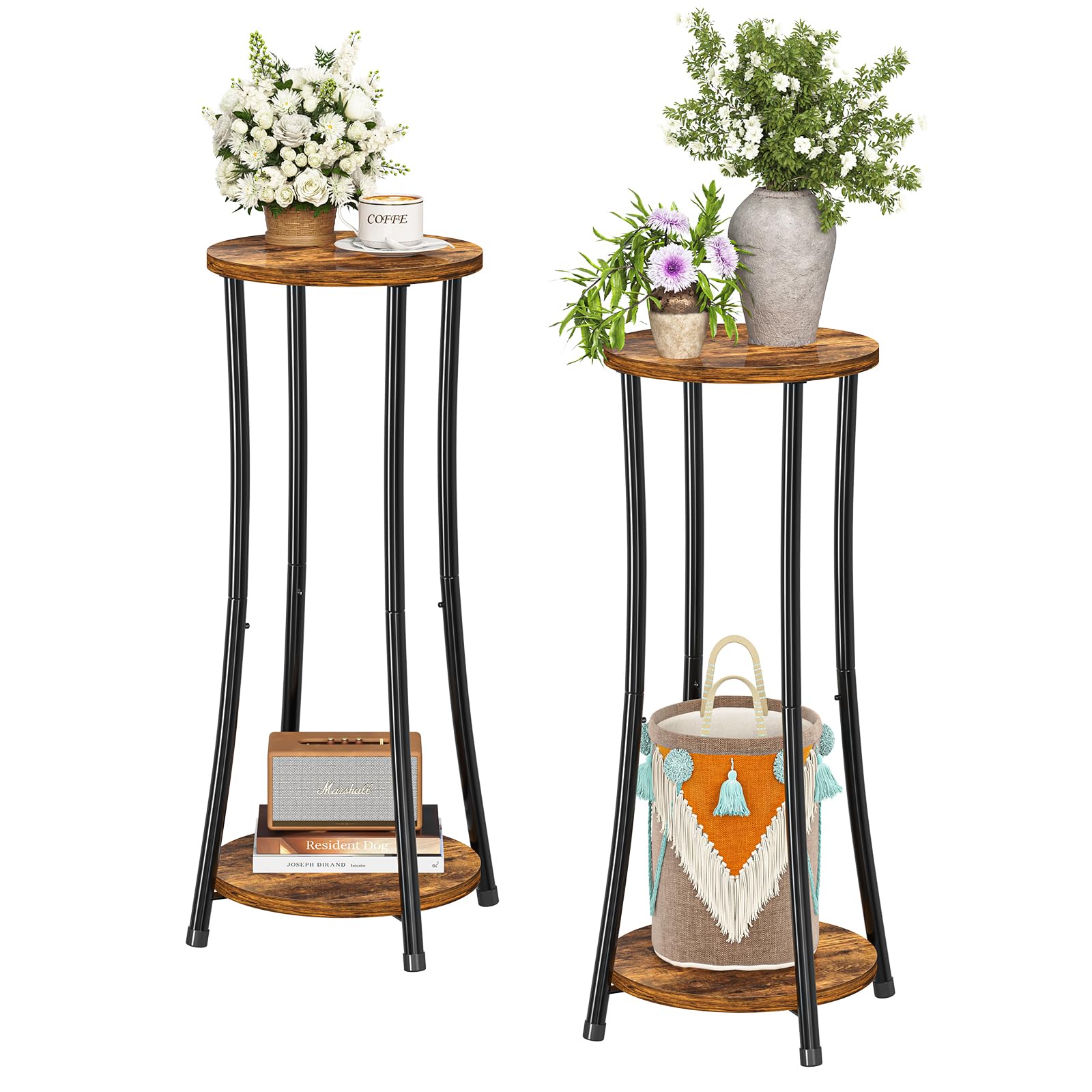 Round End Table Set of 2, 29.5" Tall Side Tables with Storage Shelf for Small Space, 2-Tier Bedside Table Sofa Couch Table for Living Room Balcony, Rustic Brown