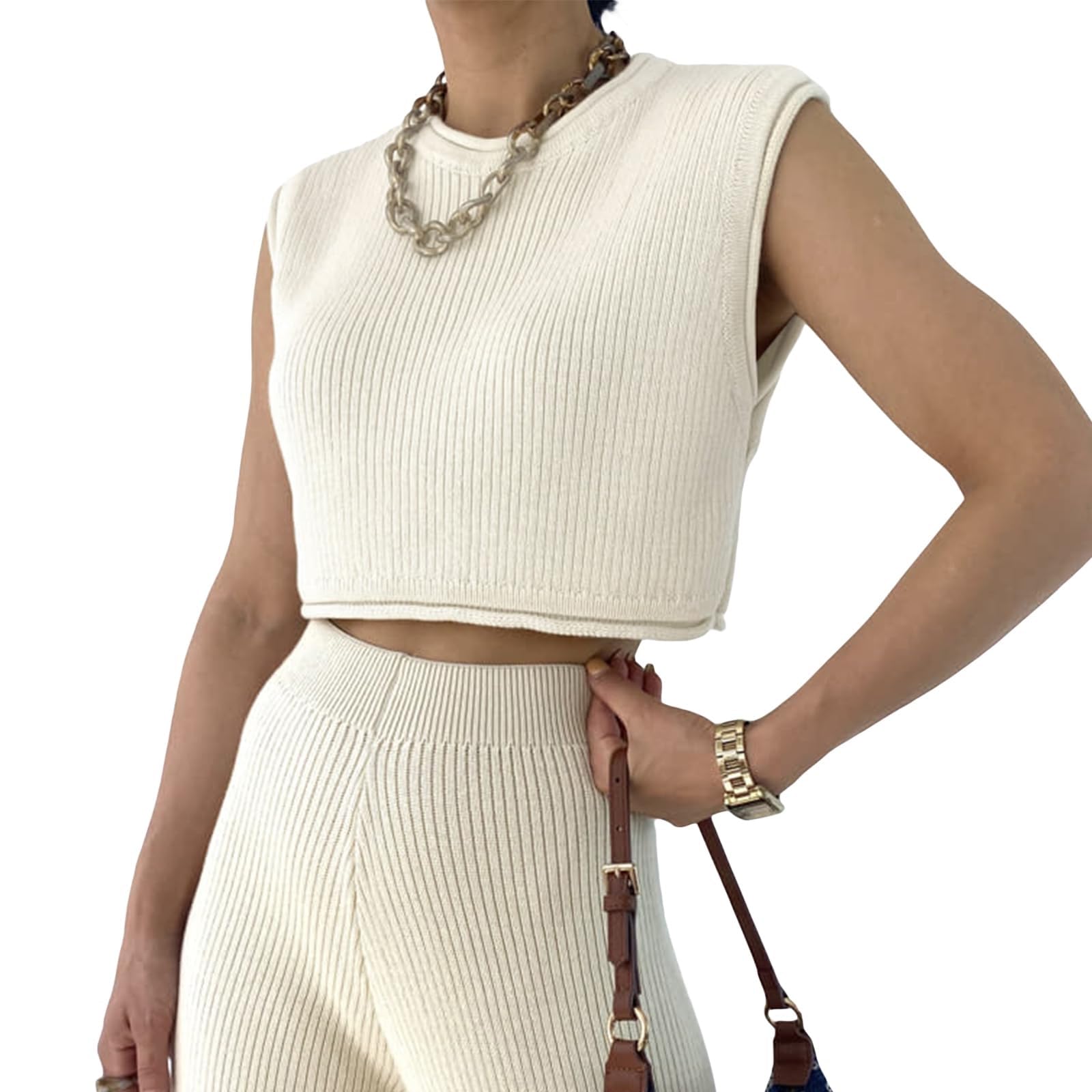 Y2K Pull tricoté sans manches à col rond côtelé pour femme Coupe ample Gilet court nu en tricot sexy sans manches Streetwear