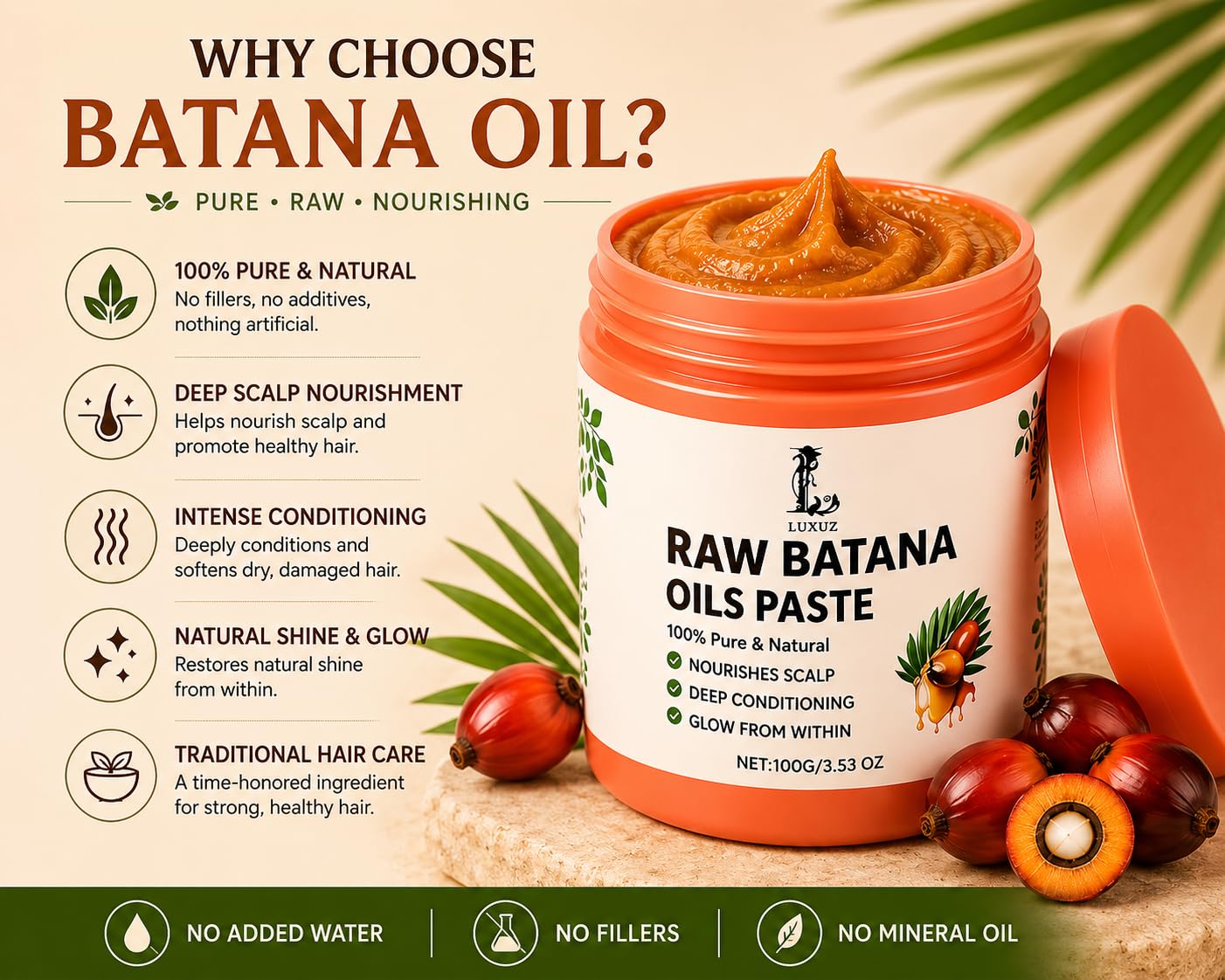 Raw Batana Oil Paste for Hair & Scalp – 100% Pure & Natural Deep Conditioning Treatment, Nourishing Moisture for Dry, Damaged & Brittle Hair, Thick Unrefined Formula, 3.53 oz