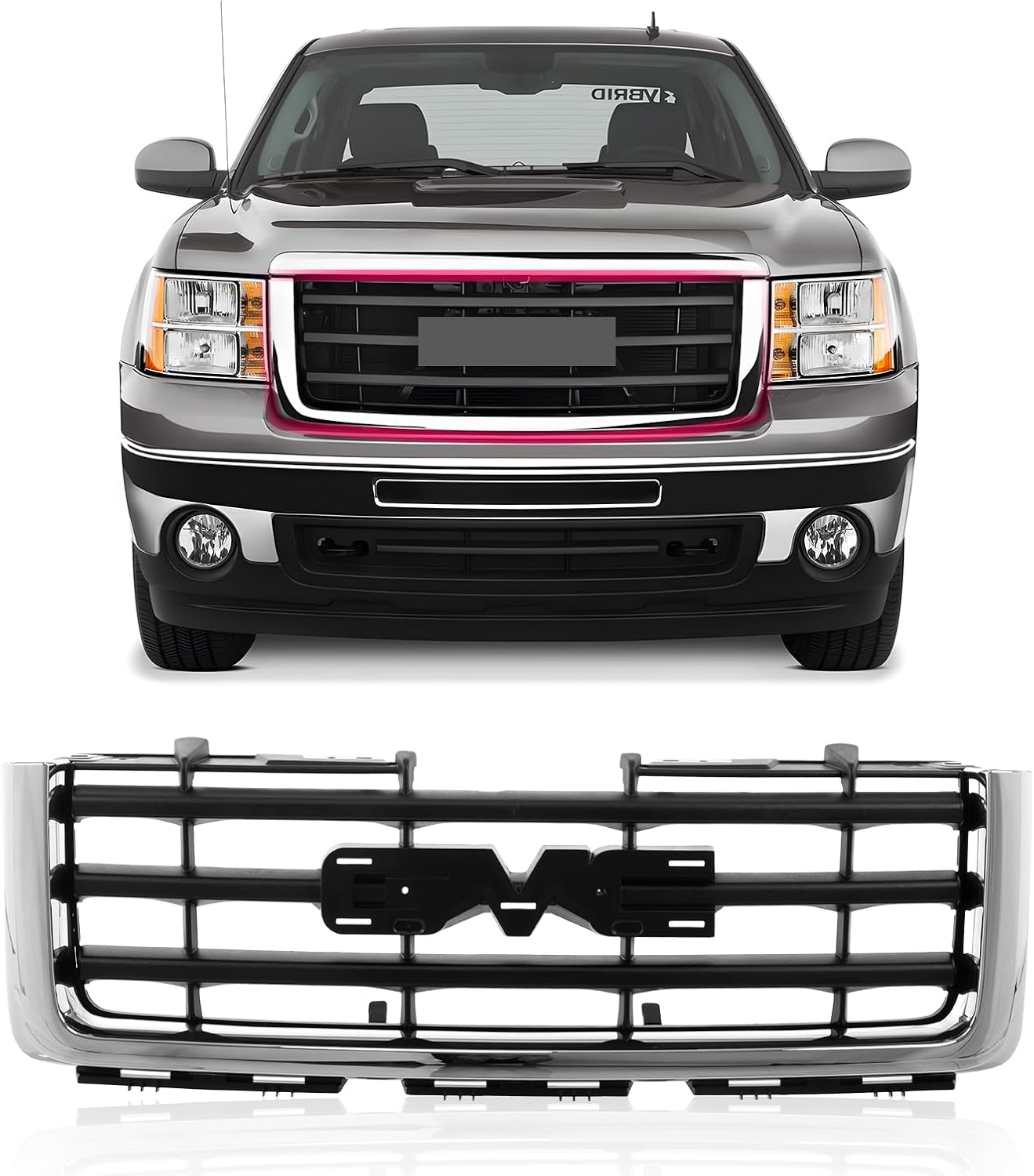 CarPartsDepot Front Grille Chrome Shell With Black Insert Compatible with GMC 2007-2013 Sierra 1500 & 2007-2010 Sierra 2500 HD 3500 HD GM1200573 25810704