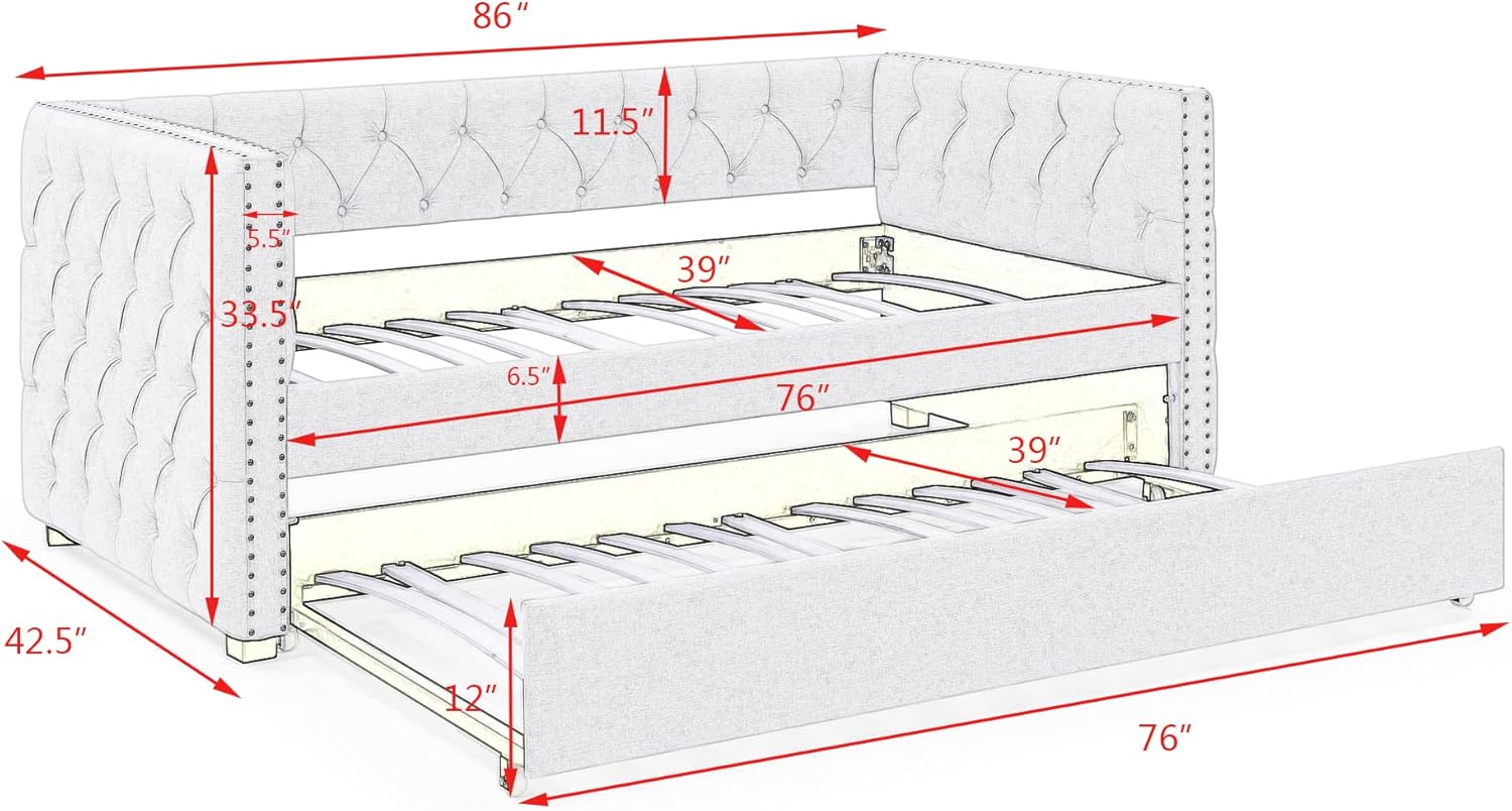 Flieks Upholstered Twin Daybed with Trundle, Twin Size Button Tufted Sofa Bed Daybed with Copper Nail on Square Arms and Wood Slat Support (Grey)