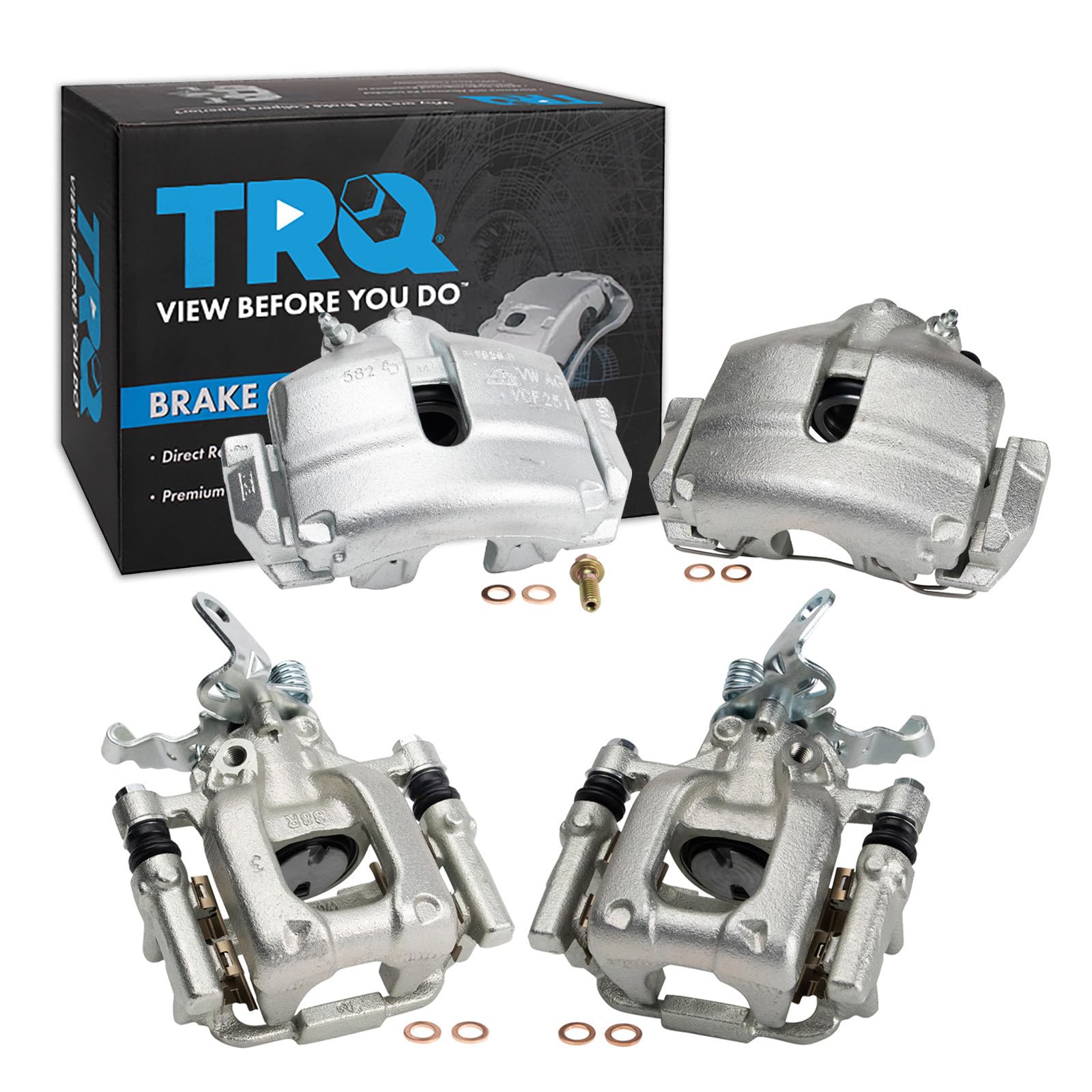 TRQ Front and Rear Brake Caliper Set Zinc Coated Brackets Hardware Compatible with 2012-2013 Volkswagen Beetle 2010-2014 Volkswagen Golf GTI Jetta