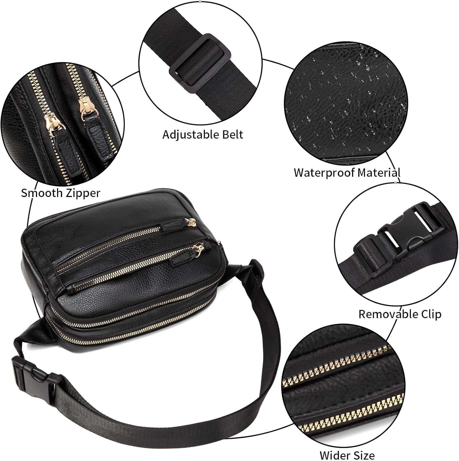 Leather Fanny Pack for Women Men Belt Bag with Multi-function Pocket, Crossbody Waist Packs with Adjustable Straps