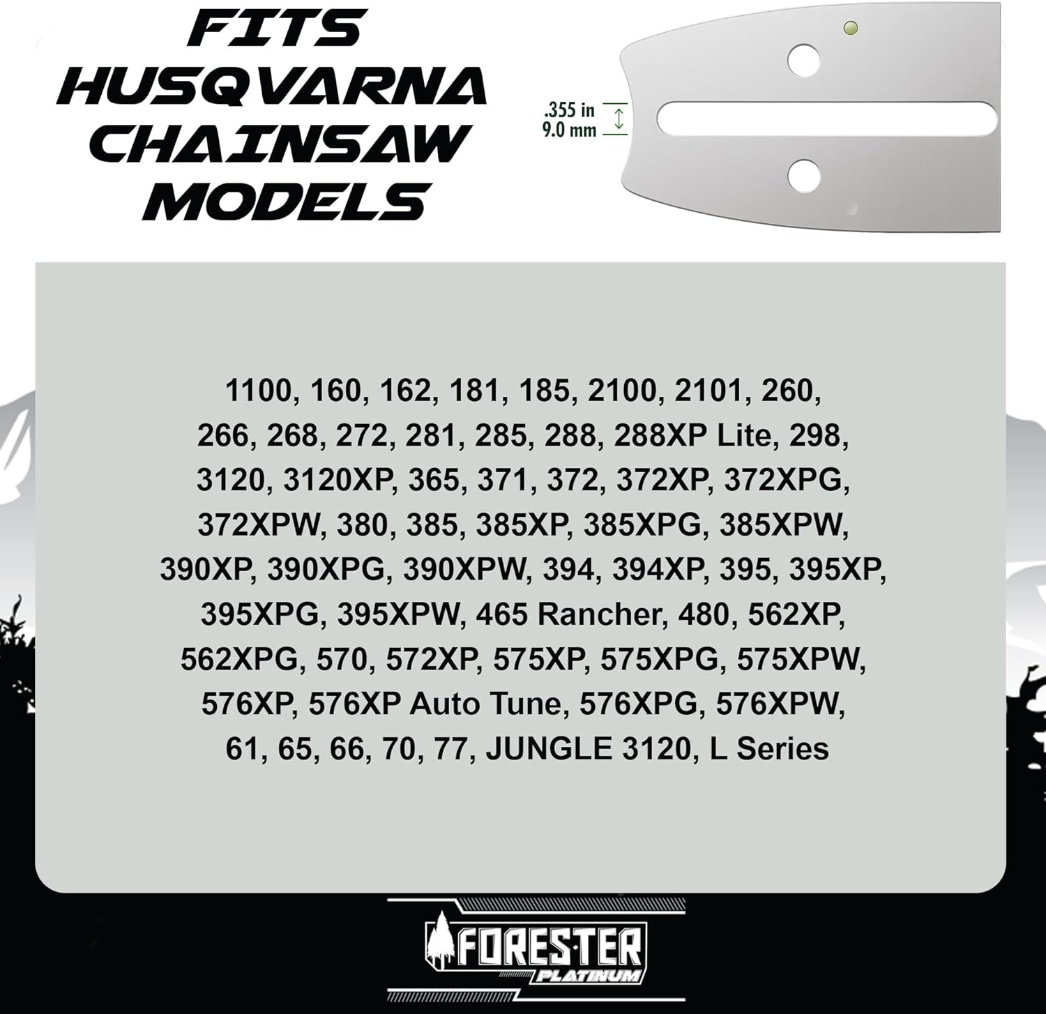 Image listing compatible Husqvarna chainsaw models for the FORESTER guide bar
