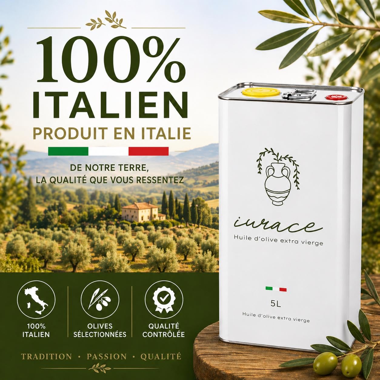 IURACE Huile d’Olive Extra Vierge 5L – 100% Italienne – Pressée à froid – Calabre