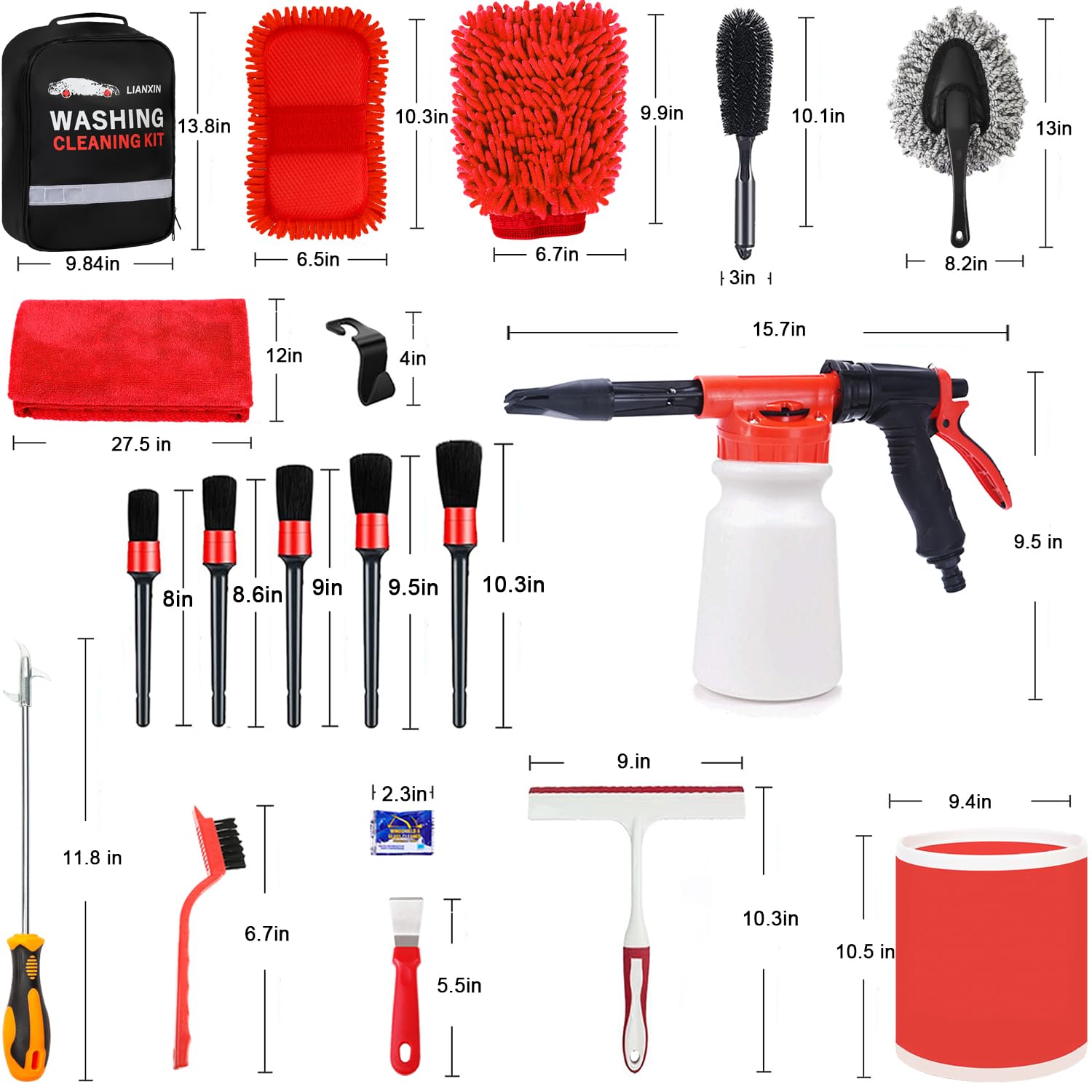 LIANXIN Kit di pulizia interni auto, kit di pulizia auto e kit lavaggio auto (rosso)