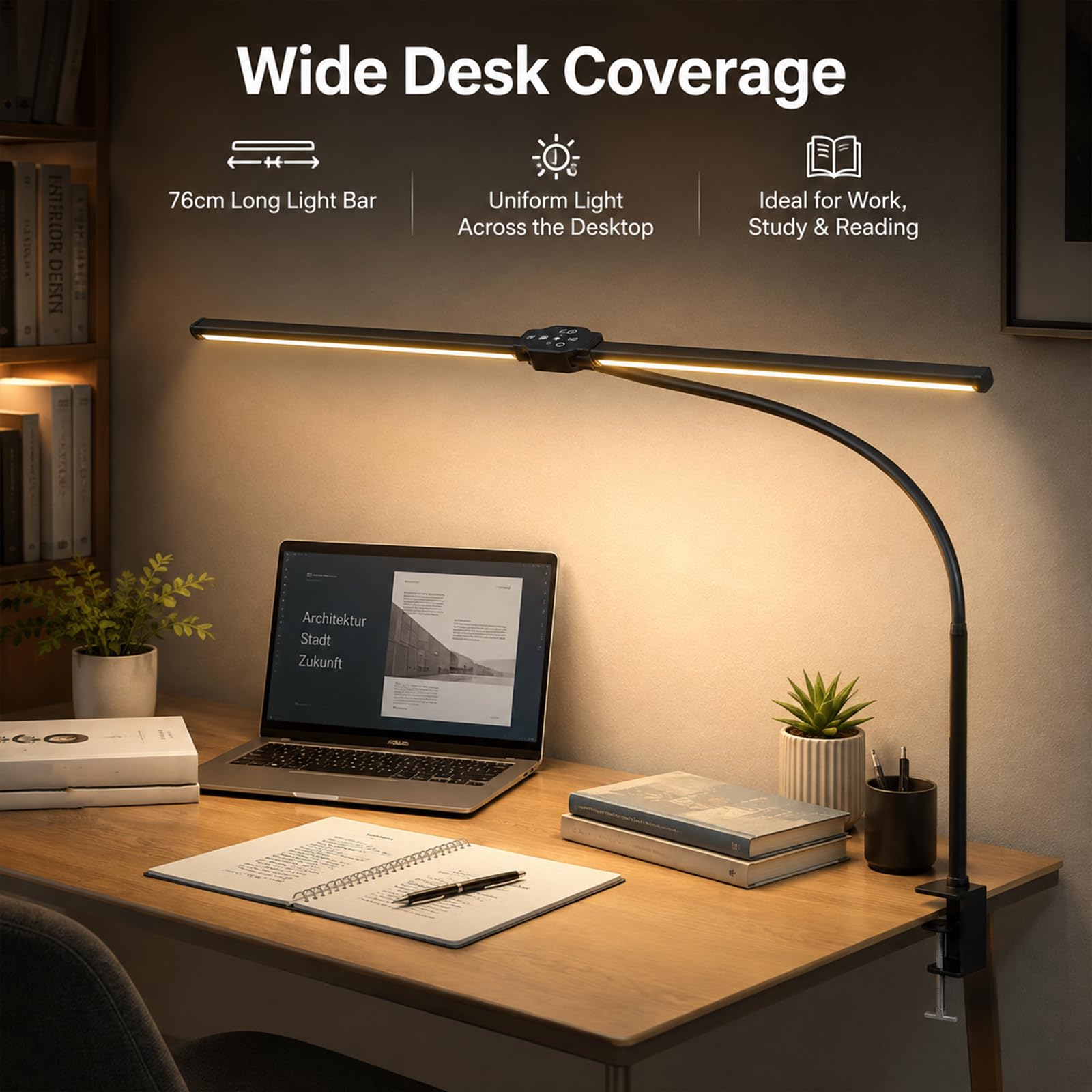 Lampe de bureau LED avec pince, lumière de lecture large