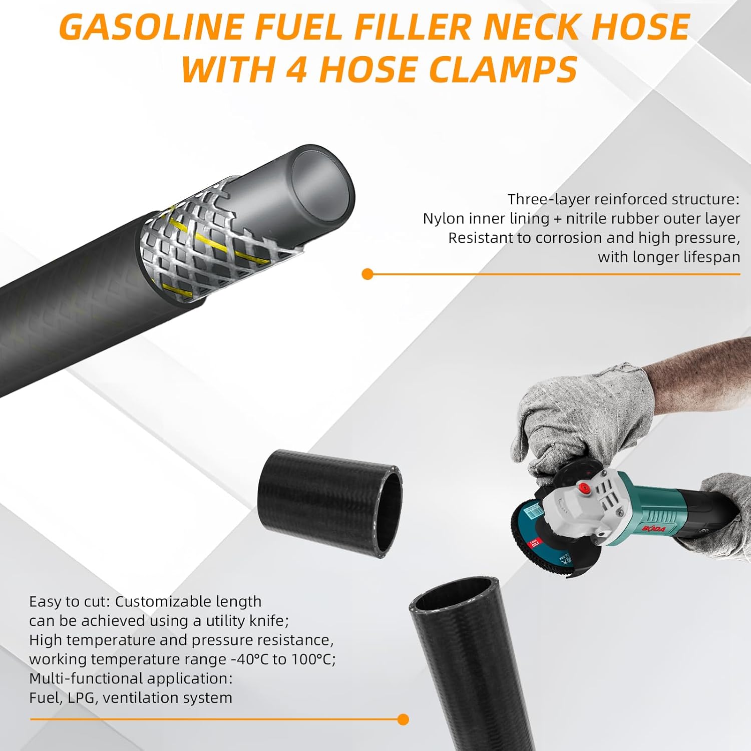 1.75 ID Gasoline Fuel Filler Neck Hose with 2 Clamps, Reinforced Gas Tank Filler Hose 15 7/8" Length
