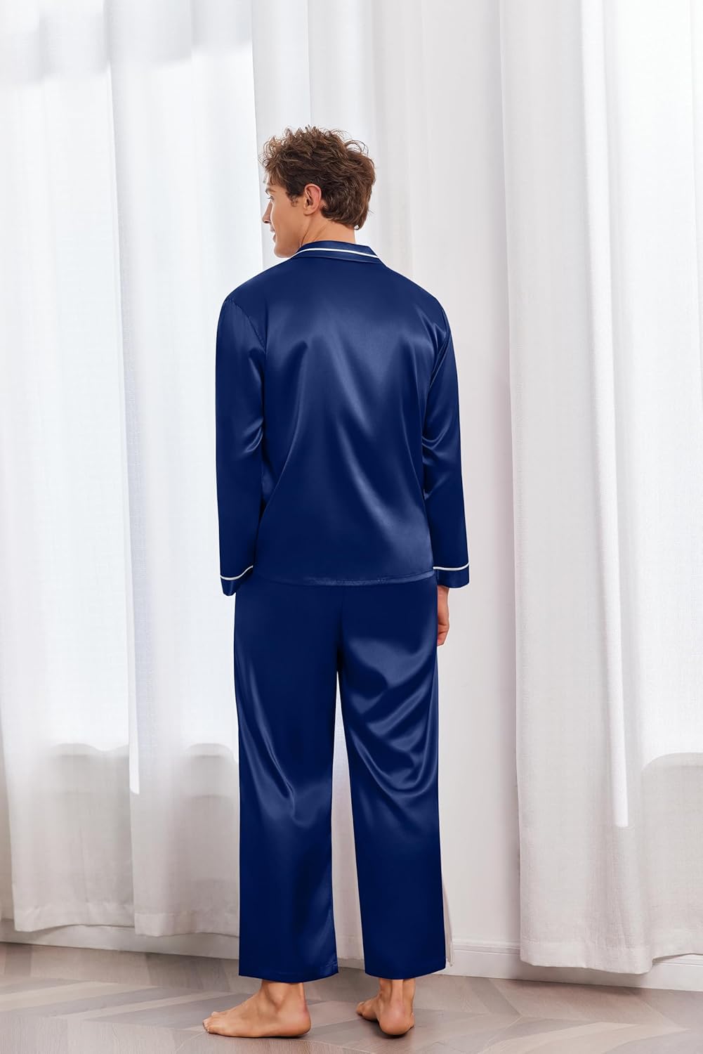 Ekouaer Mens Pajamas Set Silk Satin Pajama Set 2 piece Loungewear Long Sleeve Sleepwear Button-Down Pj with Long Pants S-XXL - Image 3