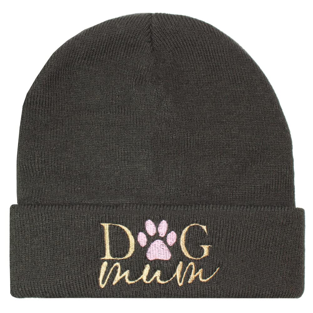 Teddyt's Women's Dark Grey Dog Mum Embroidered Thermal Beanie Hat (Dark Grey)