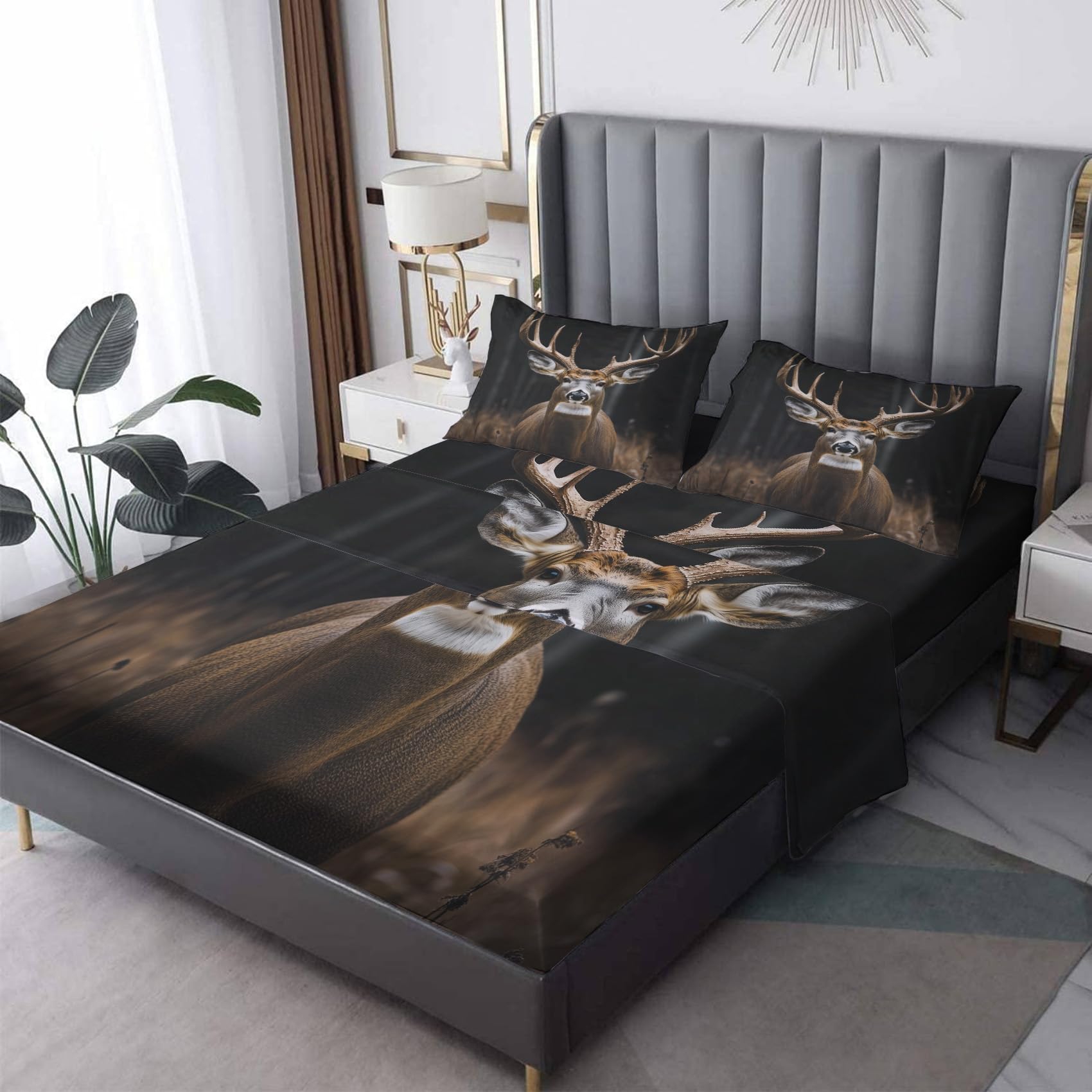 Zvynqour Deer Bed Sheets Twin Size - Wild Animal Sheet Set - Deep Pocket Fitted Sheets & Flat Sheet & Pillowcases 3 Piece - Wildlife Bedding & Decor - Soft Brushed Microfibe