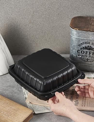 Miniatura 5 de Paquete de 50 bandejas de plástico de 8 x 8 pulgadas, 3 compartimentos, bandejas de comida para llevar, caja desechable Togo resistente para pasta