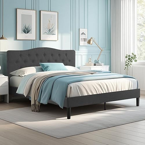 Miniatura 3 de VECELO Base de cama de plataforma tapizada individual con cabecera de panel cosida con botón ajustable, soporte de listones de madera fuerte, diseño