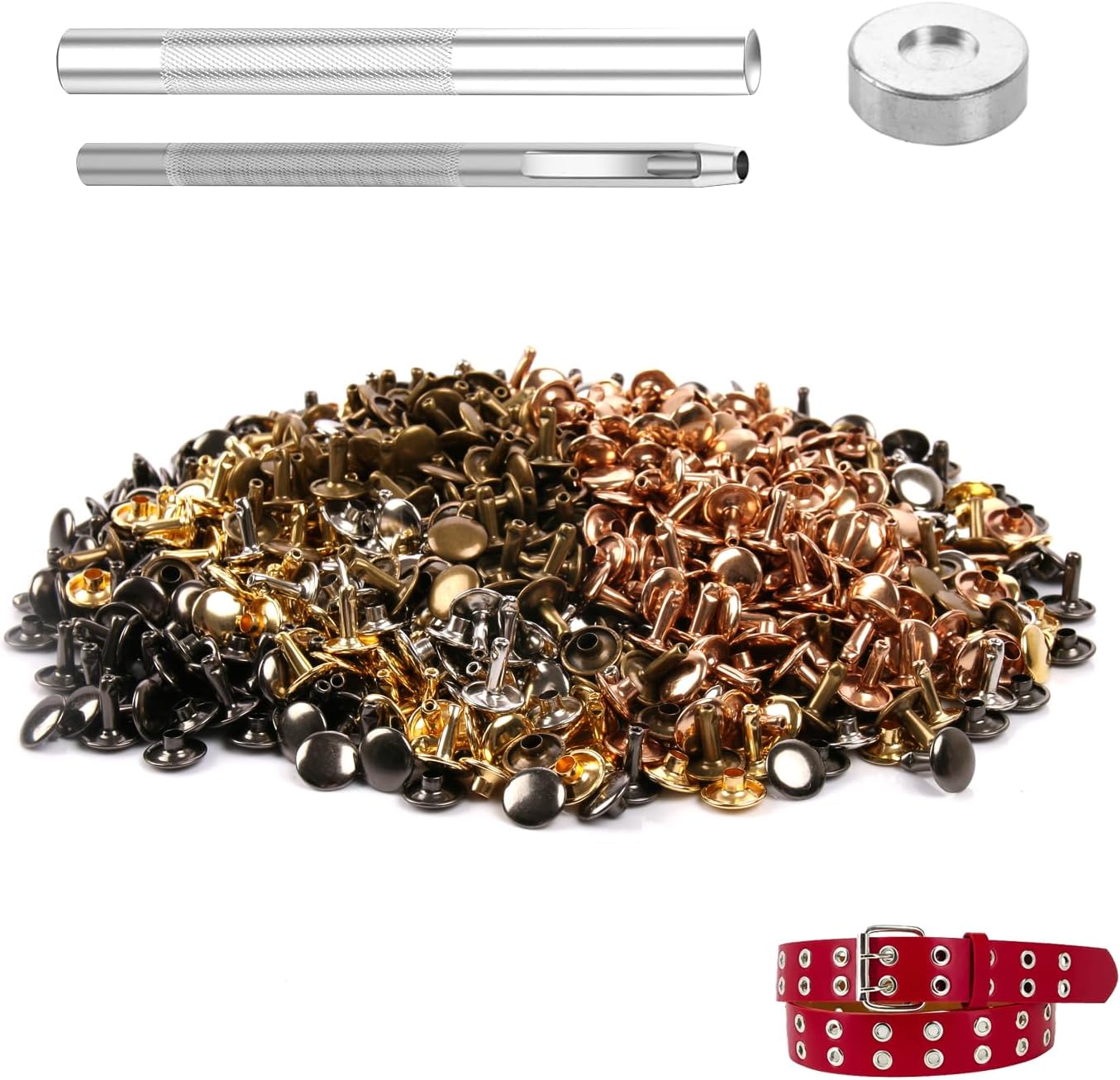 100 Sets Leather Rivets 6x8mm Metal Double Cap Snaps Fasteners with 3pcs Setting Tools for Leather Craft, DIY, Repair, Clothing, Bags, Belts, Decoration, Multi Colors