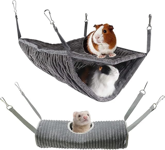Small Animal Hammock, Ferret Hammock Bed, Hammock and Tunnel Cage Suit for Rat,Hamster, Squirrel, Sugar Glider, Guinea Pigs Ferret Accessories,Hanging Hideout Tunnel Tube Toy for Cage (Gray)
