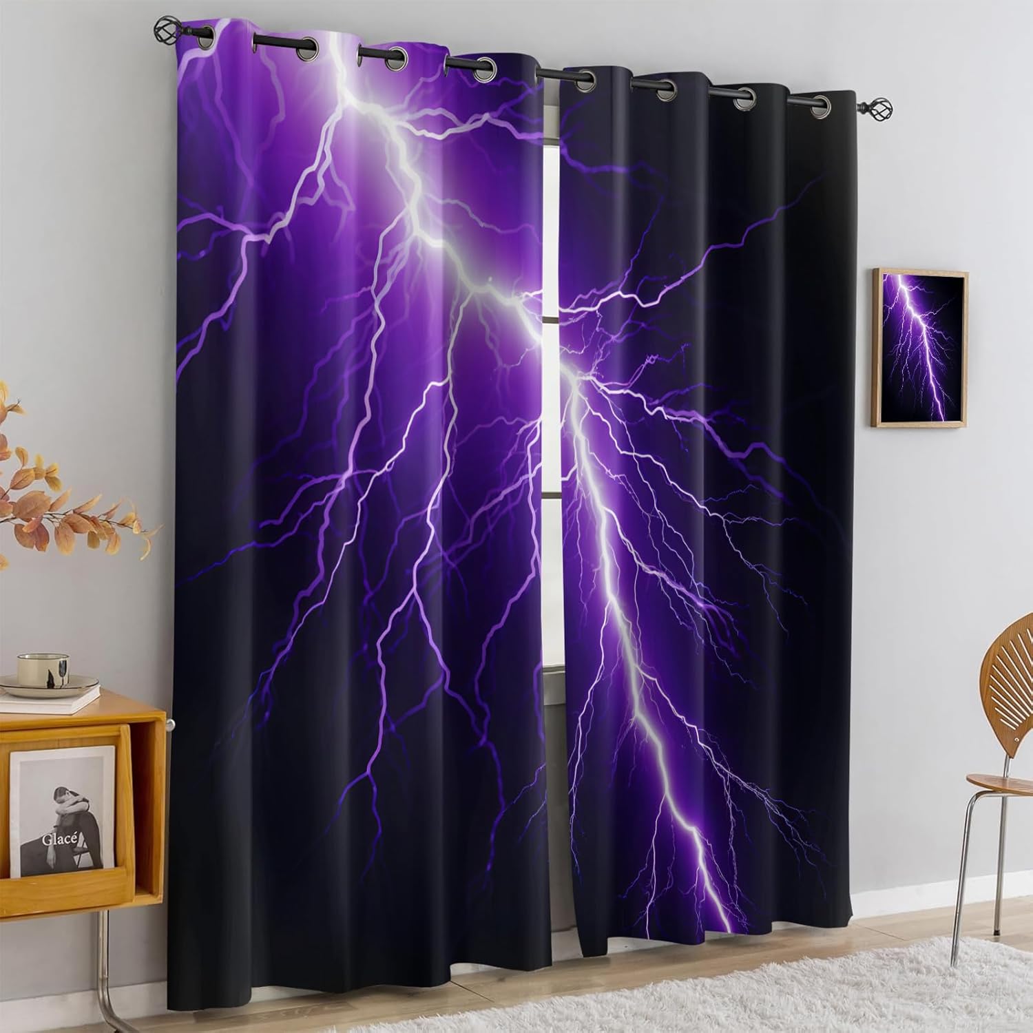 Purple Thunder Storm Blackout Curtains for Bedroom Living Room, Lightning Curtains & Home Decor, Horrible Weather Window Treatments, Thermal Grommet Nature Drapes, 63" Curtains 2 Panel Set