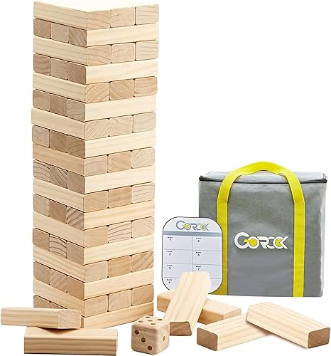 GOROCK Juegos gigantes de torre de caída, 60 piezas de bloques de madera de hasta 5 pies, juego de apilamiento con marcador de dados y bolsa de