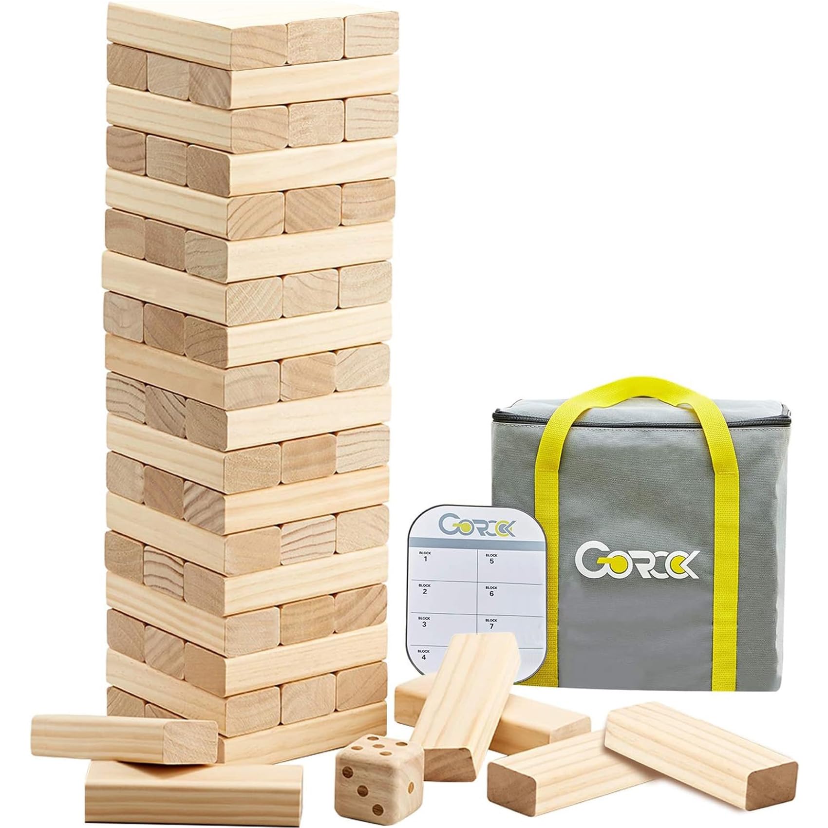 GOROCK Giant Tumble Tower Games，60 Pcs Wooden Block Up to 5FT Stacking Game with Dice Scoreboard and Carry Bag ，Christmas Birthday Gift for Family Outdoor Indoor Party Camping Beach Lawn Games