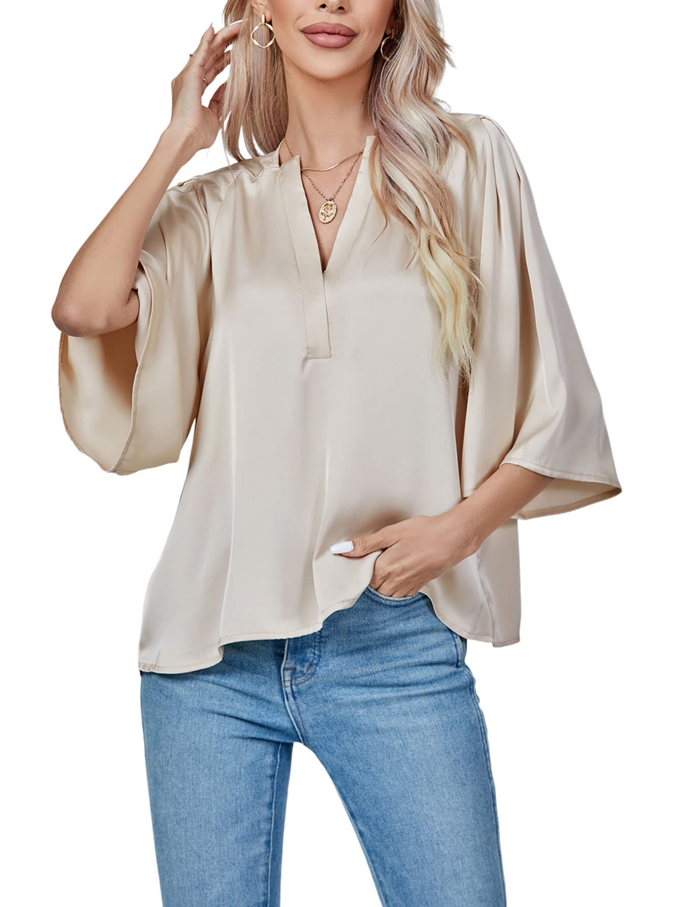 LYANERWomen's Satin Elegant Casual V Neck 3/4 Sleeve Solid Blouse Top Shirt