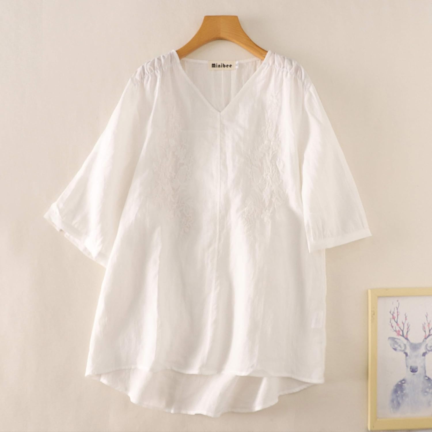 Minibee Women's Linen Embroidery Blouse V-Neck Tunic Elbow Sleeve Shirts Tops - Image 2