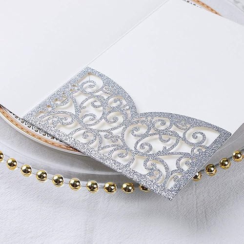 Vista 92 de ponatia 5.12 x 7.2 Invitaciones de boda de corte láser con purpurina negra, bolsillos de invitación triples cortados con láser con sobres